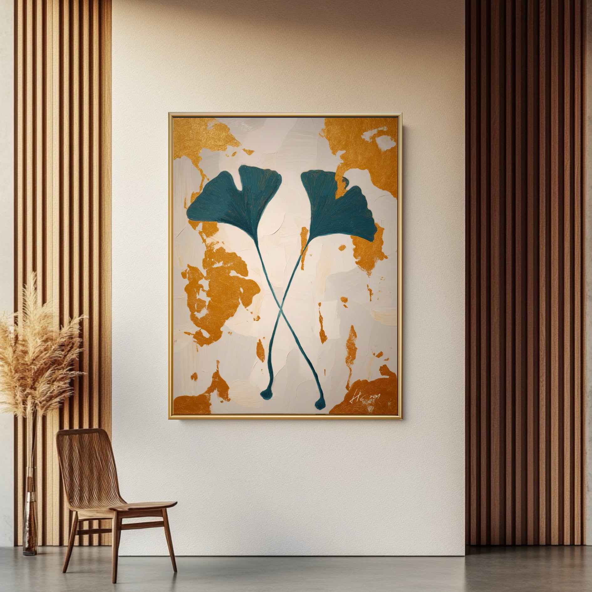 Modern ginkgo leaf painting on a wood slat wall. Teal art provides a striking cool contrast to the warm vertical wood lines.