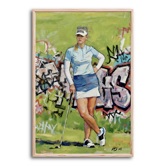 Original oil painting of a female golfer with graffiti background. Cool green and blue colors evoke a modern urban vibe.