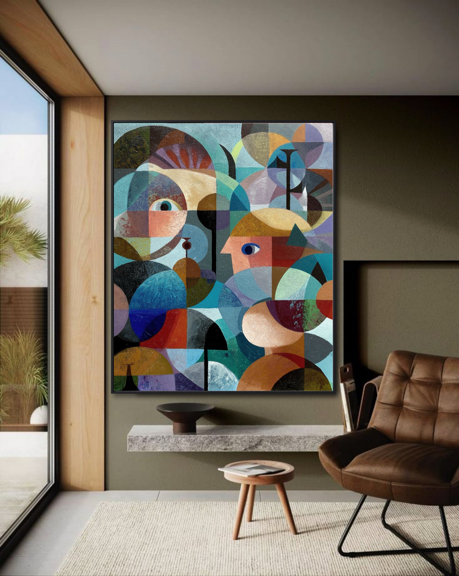 Large cubist-style painting contrasts dark wall, bringing light and personality to a sophisticated, warm-toned reading nook.