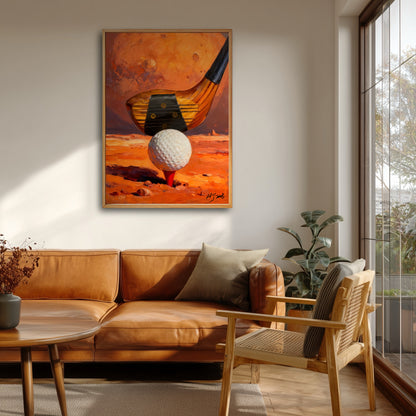 Surreal Mars golf canvas art above a leather sofa in a sunlit space. Warm red tones enhance the cozy, natural home interior.