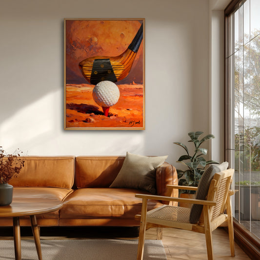 Surreal Mars golf canvas art above a leather sofa in a sunlit space. Warm red tones enhance the cozy, natural home interior.