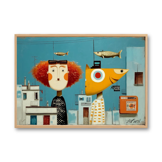 Original surrealist art featuring a red-haired woman and fish-headed figure in a cool blue Mediterranean urban vibe.
