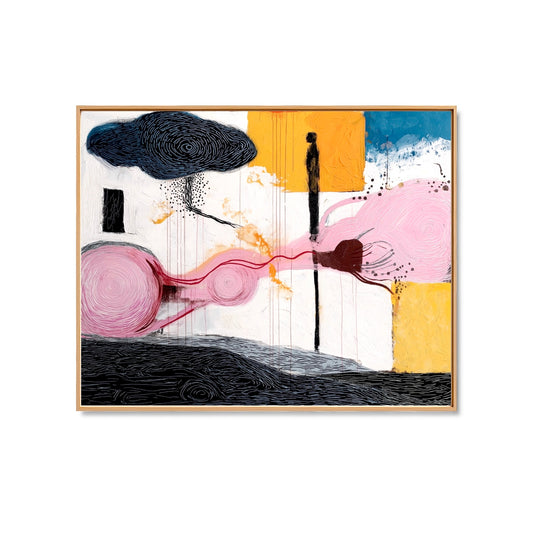 A whimsical, abstract hand-drawn oil painting: a horizontal landscape of natural elements in rustic strokes, featuring warm and colorful tones.