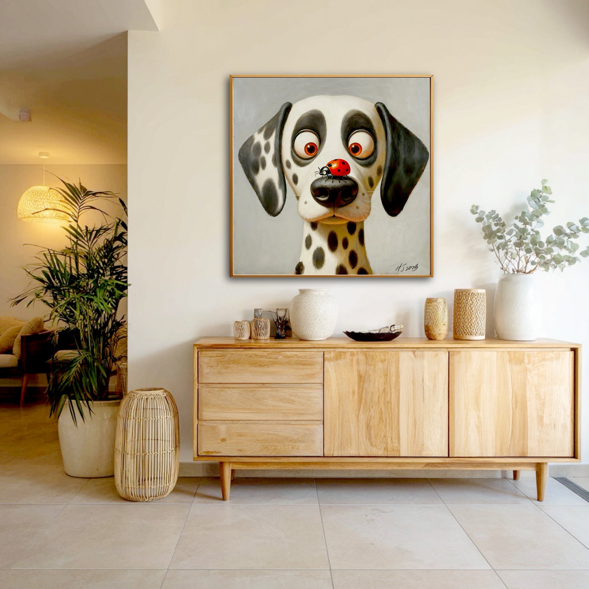 Funny Dalmatian dog art hanging in a bright, modern entryway above a light wood console table and next to a large potted plant.