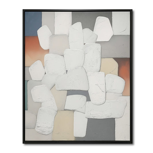 A minimalist abstract hand-drawn oil painting: vertical geometrics in detailed strokes, warm, and grey tones.