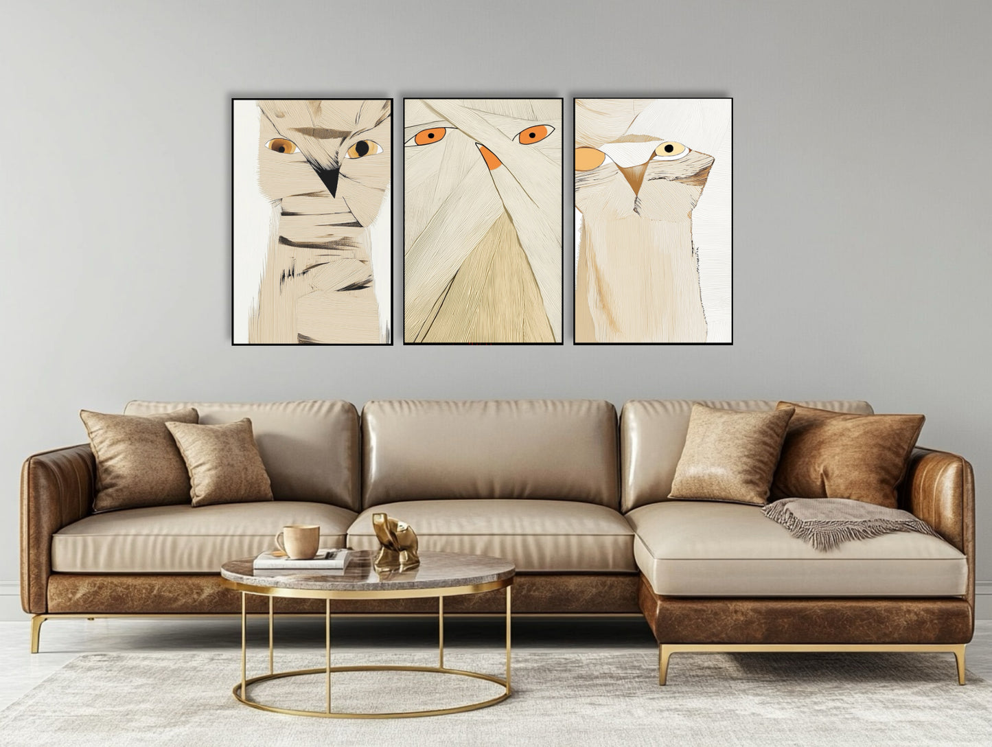 Abstract owl paintings over a luxurious tan leather sectional, with a brass-detailed marble coffee table, complementing the earth tones.