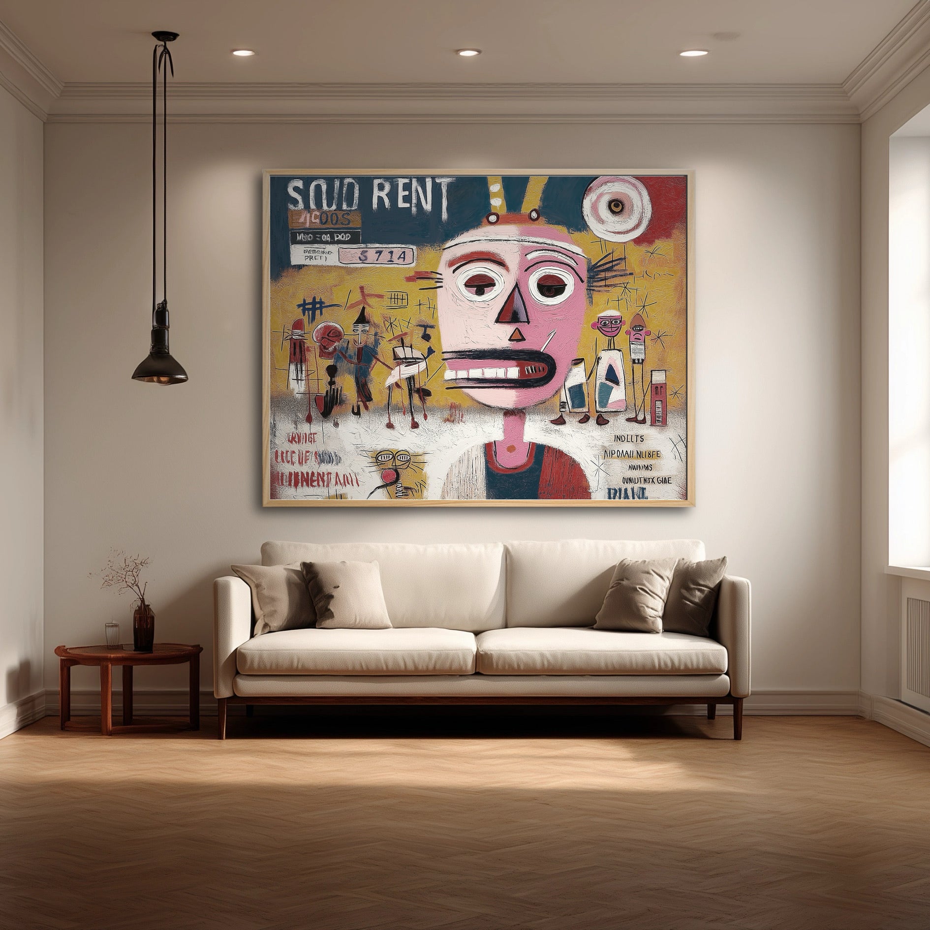A colorful Basquiat-style painting hangs above a beige sofa, creating a vibrant, artistic focal point in a cozy, modern living room.