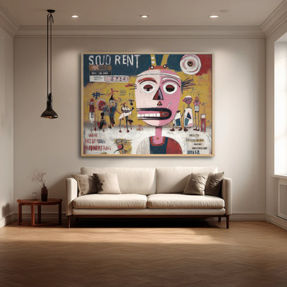 A colorful Basquiat-style painting hangs above a beige sofa, creating a vibrant, artistic focal point in a cozy, modern living room.