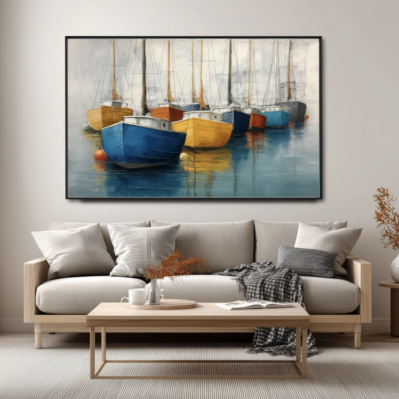 Boat painting adds a serene marine touch to a modern living room with a light wood sofa and neutral cushions.