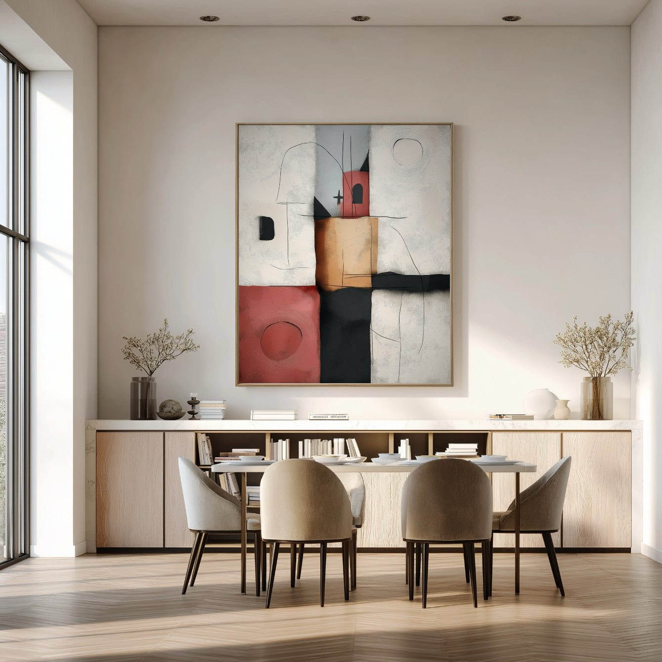 Abstract geometric art anchors a bright dining area above a long, clean-lined light wood console, complementing the modern, minimal design.