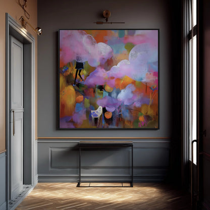 Bold abstract art dominates a dark, urban contemporary lounge; the rich pinks and oranges contrast with the dark gray walls and sectional, adding dynamic life.