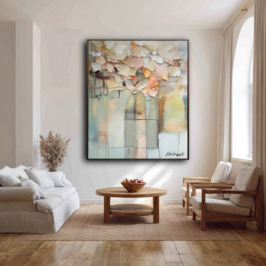 This original abstract painting's soft, airy palette perfectly enhances the bright, natural Scandi-boho feel of this living room by the window.
