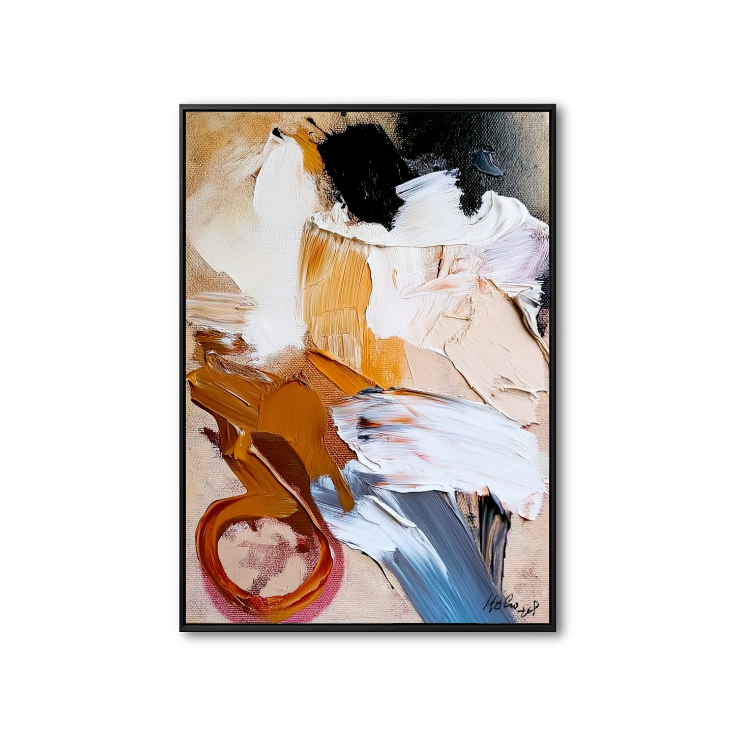 Original abstract painting with thick, textured strokes of orange, blue, black, and white paint on a neutral canvas.