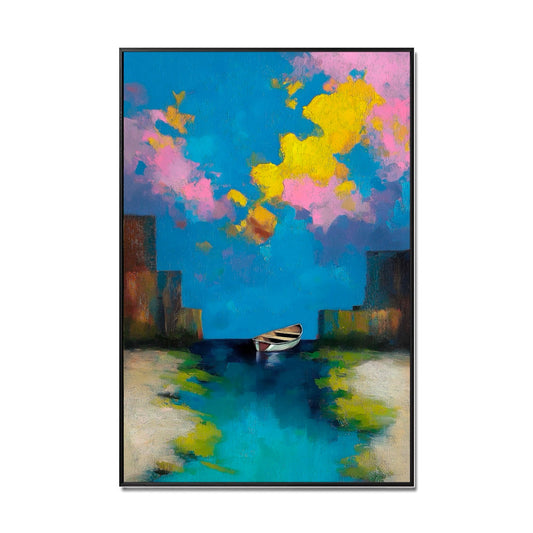 Original hand-painted abstract cityscape with boat. Modern Expressionist style featuring high-contrast blue, yellow, and pink colors. Wall art.