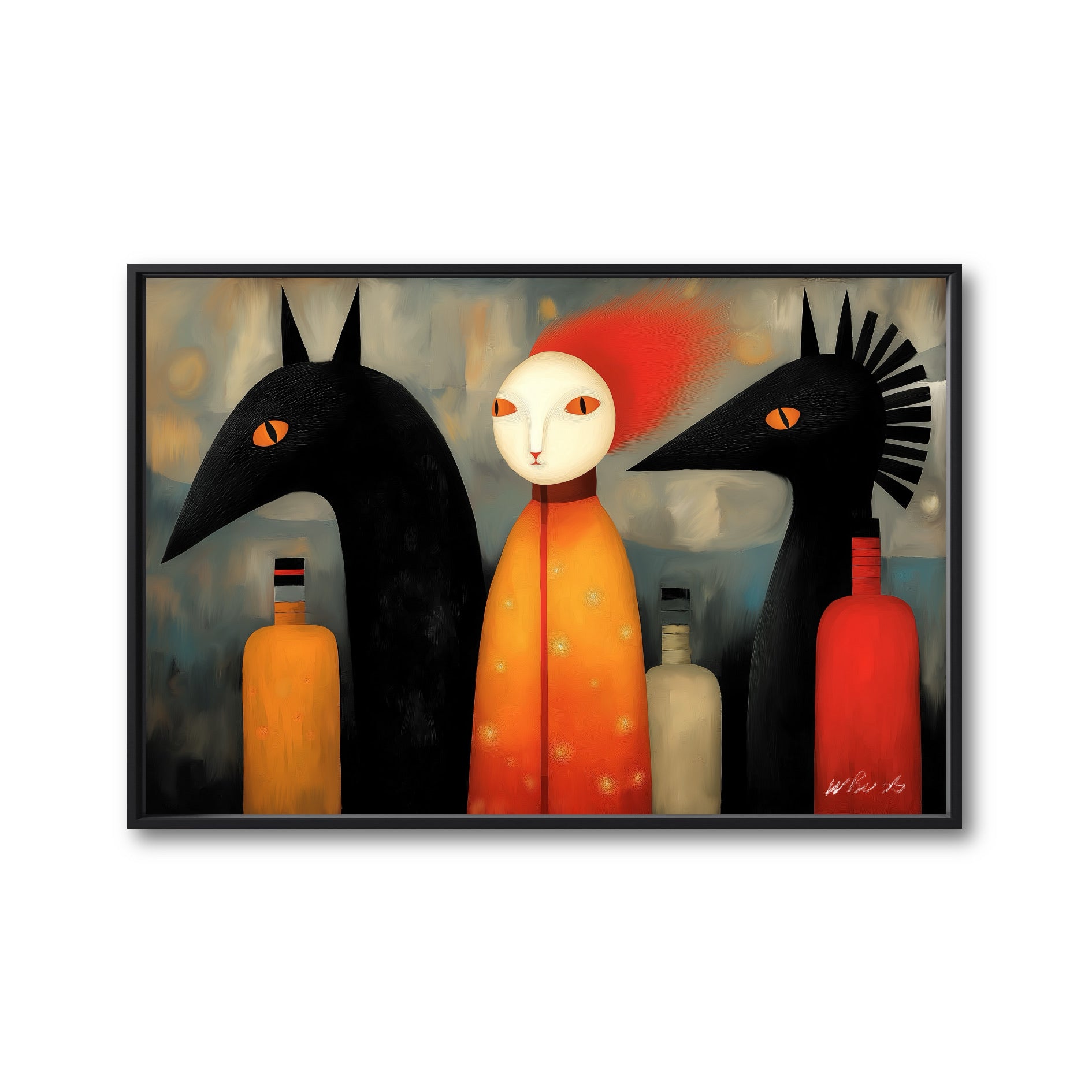 Original surrealist painting with black creatures and bottles in a warm amber and gold palette; dark whimsical vibe.