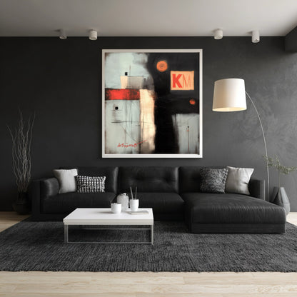 Abstract KM painting hangs above a black leather sectional sofa, creating a stark contrast in a modern, dark-walled living room.