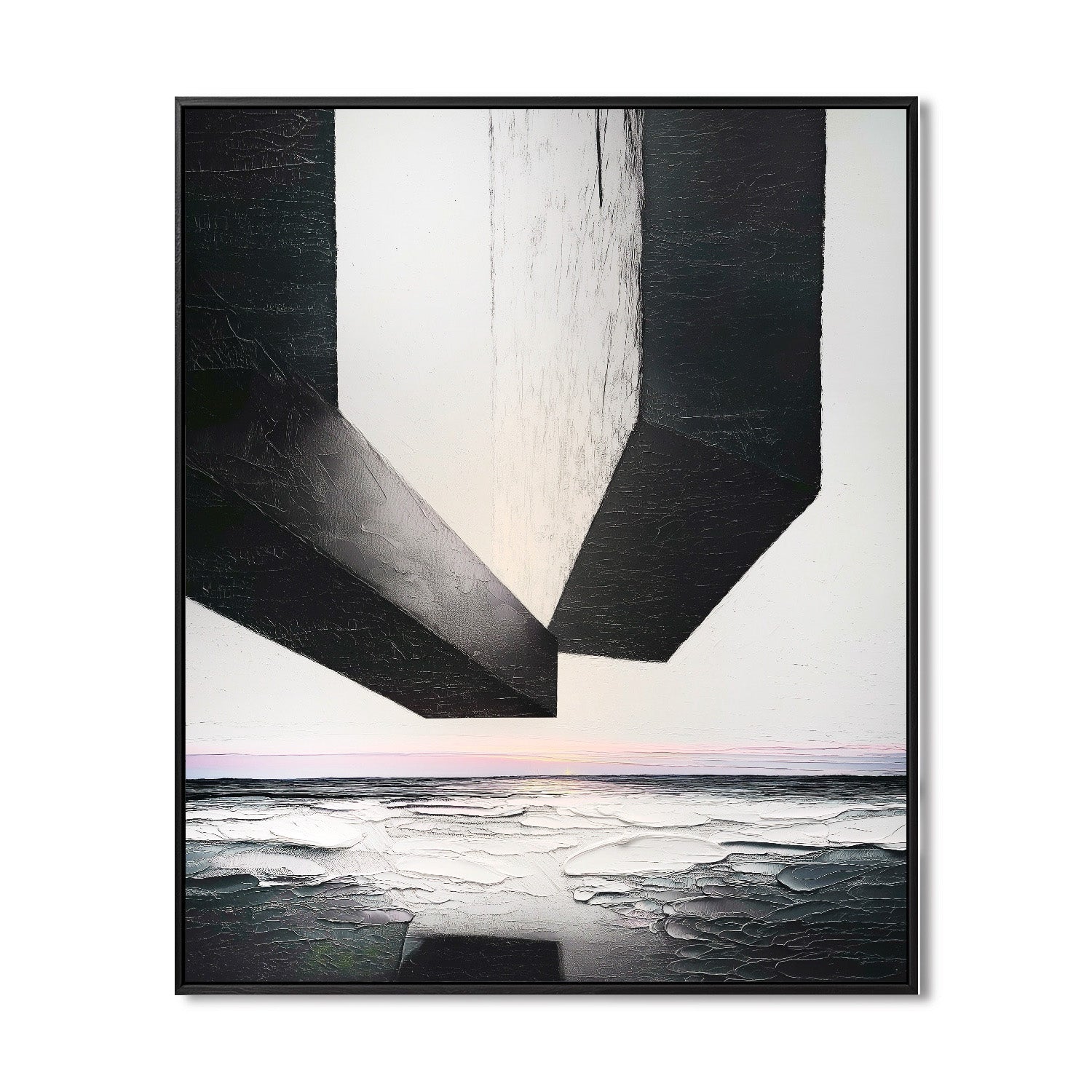 Original hand-painted abstract art. Neutral-toned black and white geometric canvas, thick texture, architectural, modern vibe painting.