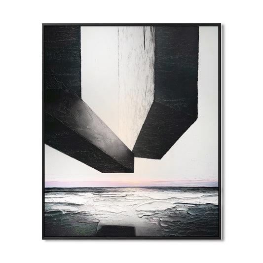 Original hand-painted abstract art. Neutral-toned black and white geometric canvas, thick texture, architectural, modern vibe painting.
