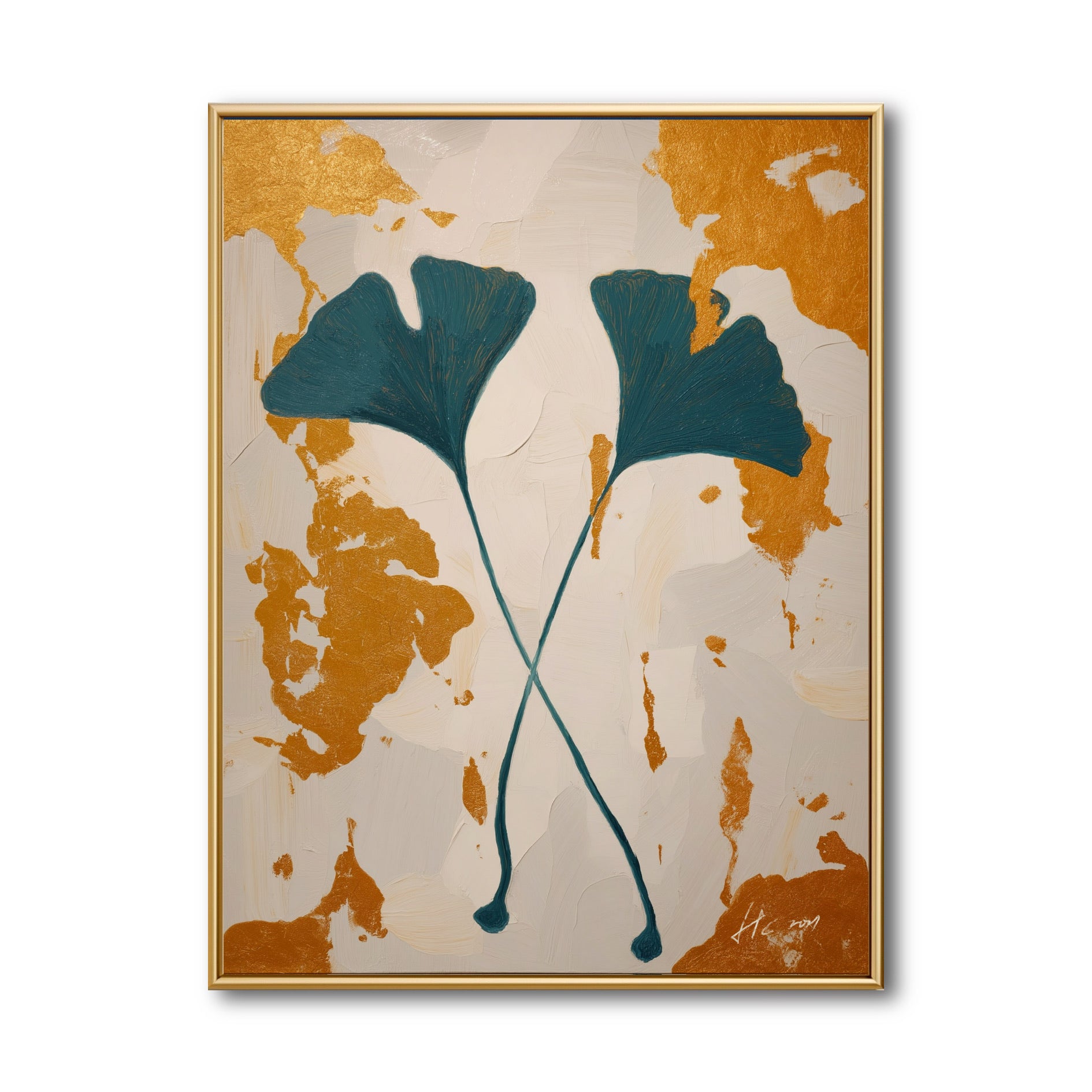Original abstract ginkgo painting. Modern botanical art with teal leaves and gold foil accents on a textured neutral canvas.