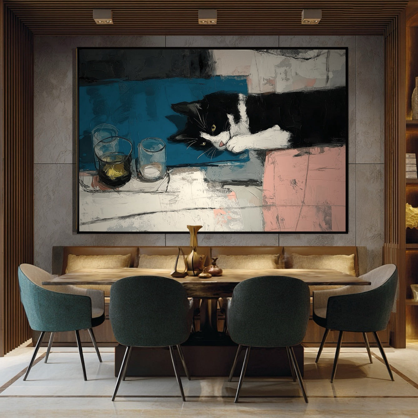 Large abstract cat painting anchors a sophisticated dining space above a leather bench, contrasting the muted color palette with teal and pink accents.