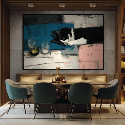 Large abstract cat painting anchors a sophisticated dining space above a leather bench, contrasting the muted color palette with teal and pink accents.