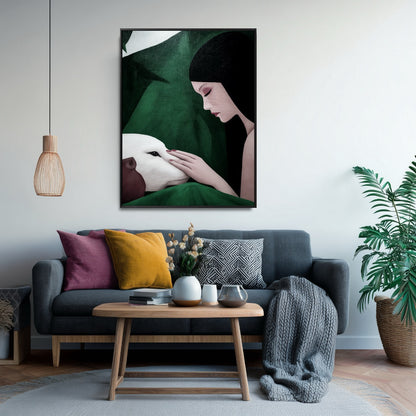 Original oil painting accents a cozy living area. Charcoal grey sofa, natural wood table, woven pendant, and neutral walls with color pops.