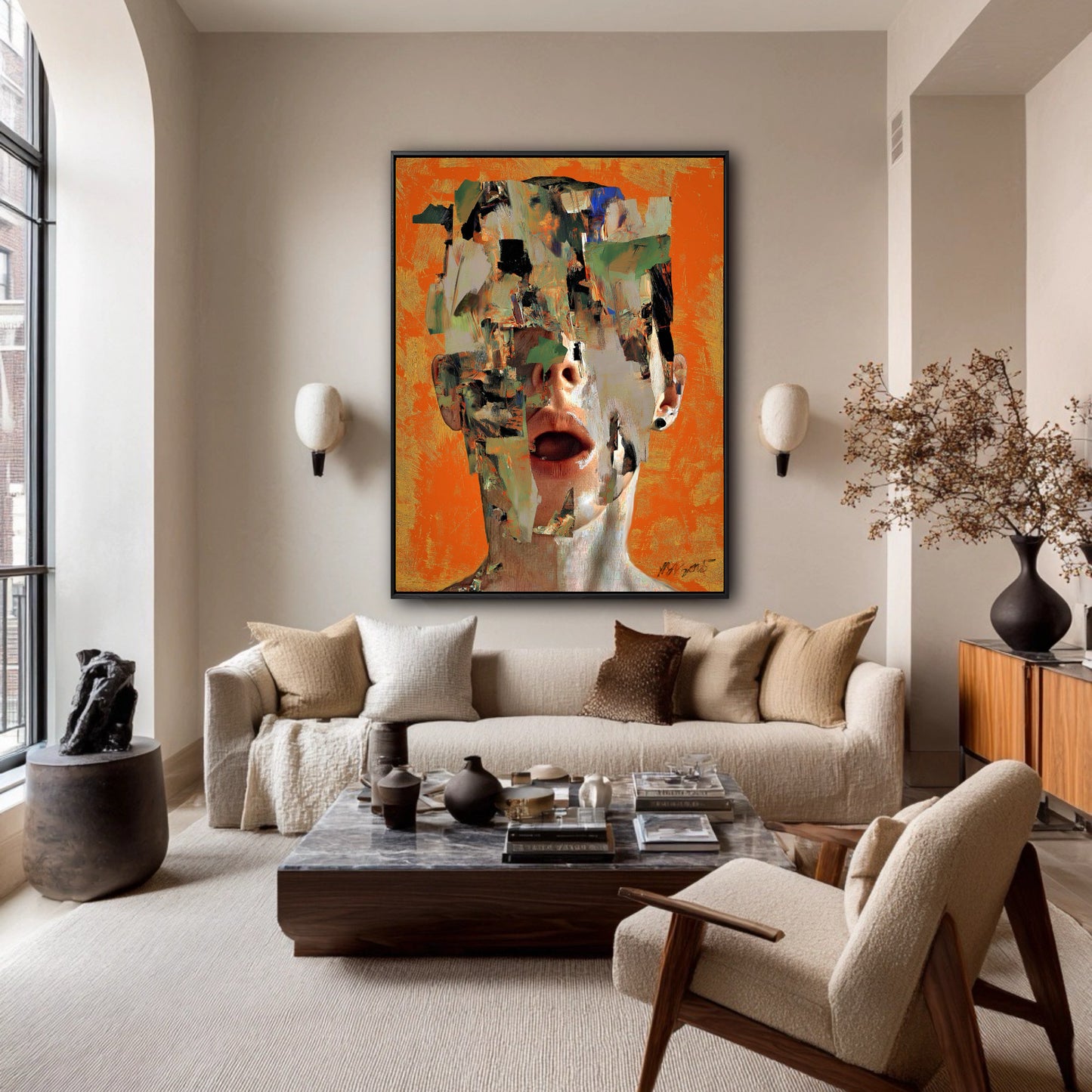 A large, orange abstract face painting hangs as a focal point in a spacious, elegant living room with a neutral sofa and high ceiling.