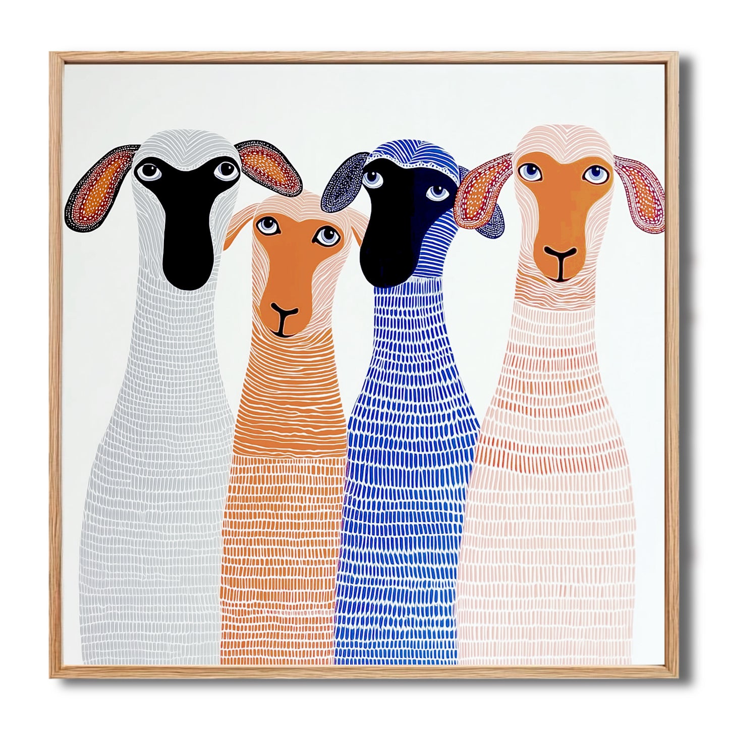 Original folk art style painting of four colorful, patterned sheep in a light wood frame.