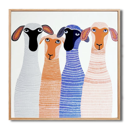 Original folk art style painting of four colorful, patterned sheep in a light wood frame.