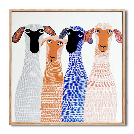 Original folk art style painting of four colorful, patterned sheep in a light wood frame.