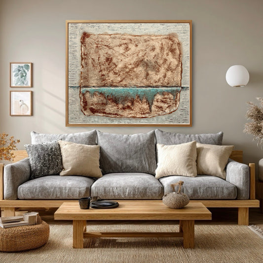A large, framed abstract painting hangs on a beige wall, centered above a gray Scandinavian-style sofa and wood coffee table.