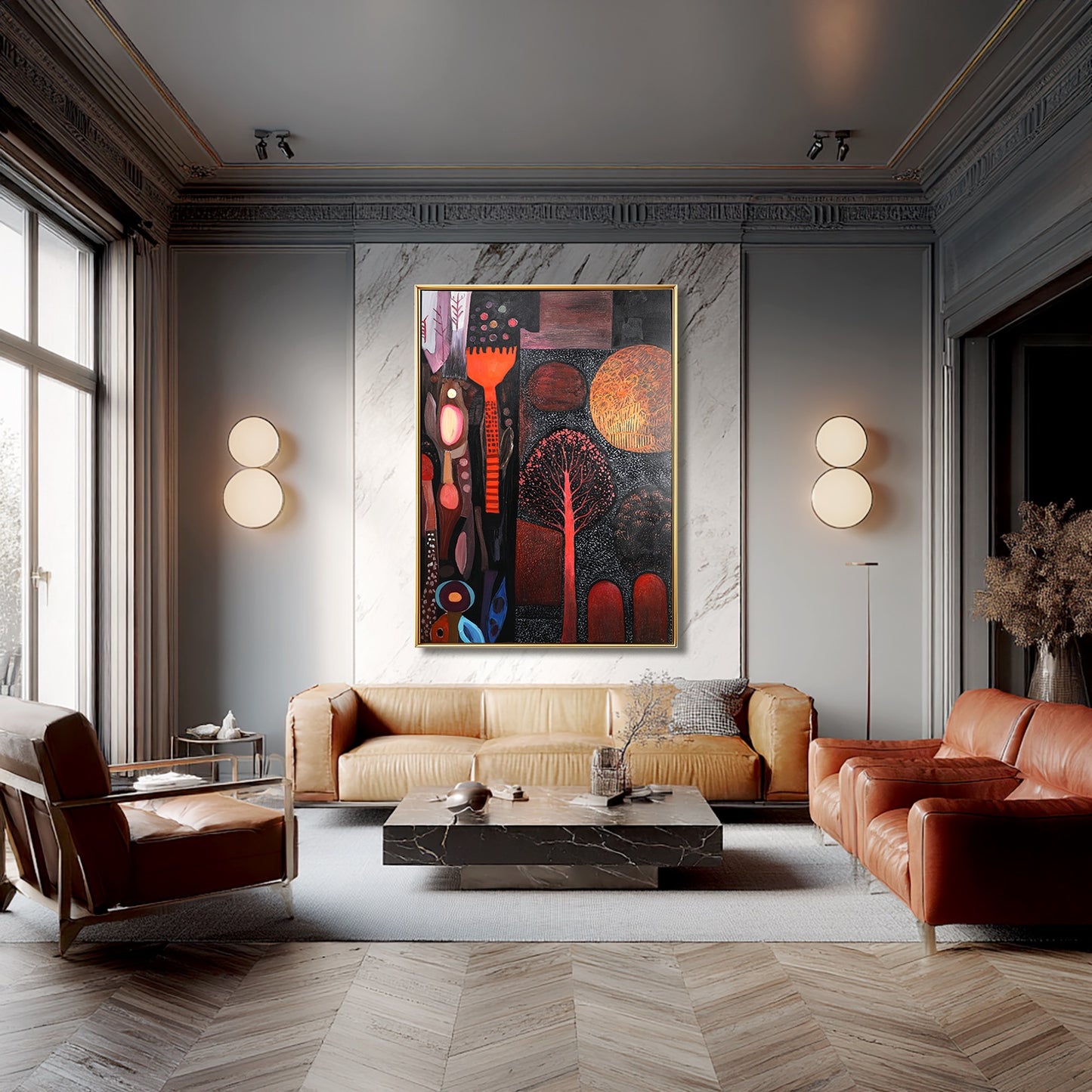 Large original painting over a marble slab in a grey living room with warm leather sofas and classic molding.