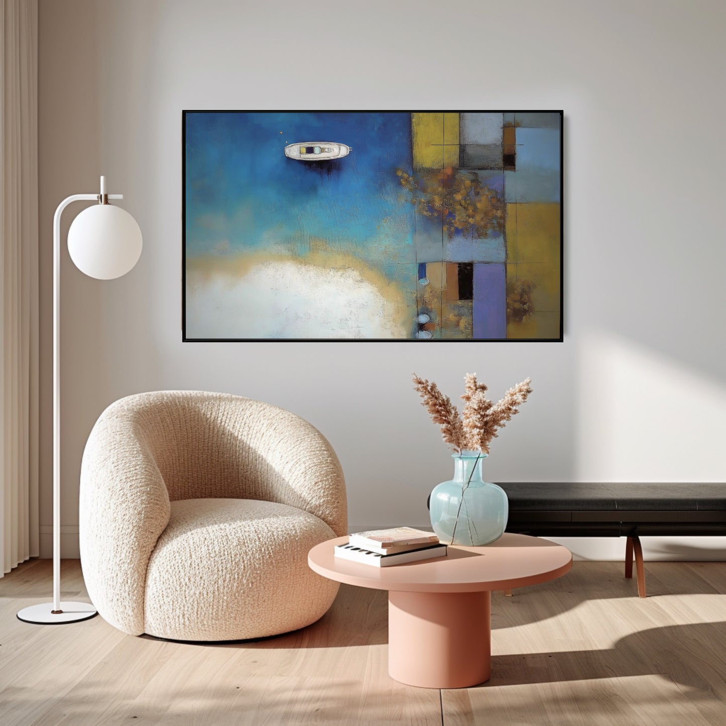 Abstract coastal art with yellow and purple geometric forms, setting a unique vibrant design tone for the pink chair and modern space.