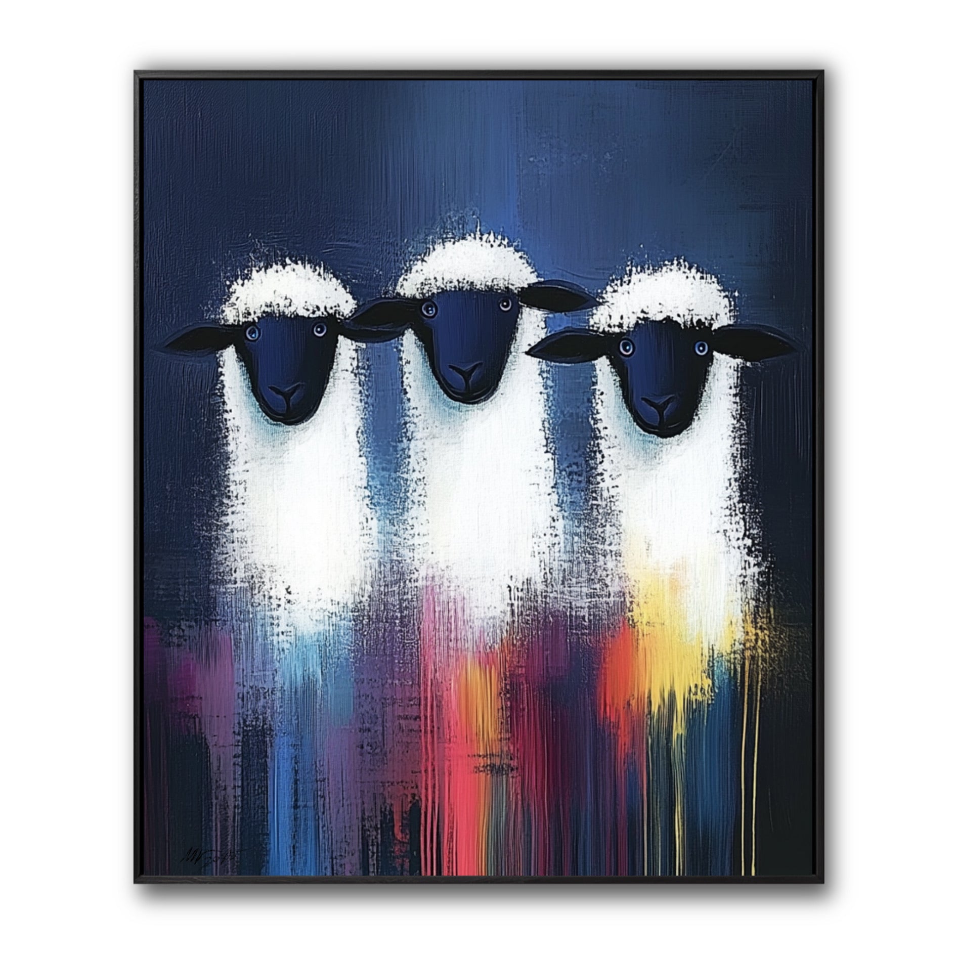Original abstract sheep painting with thick texture. Features three white sheep and colorful drips against a deep blue.
