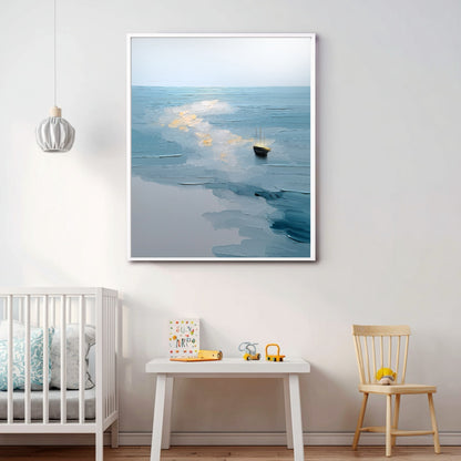 Original calming boat painting hanging above a white crib and small wooden chair; the blue art creates a peaceful, serene atmosphere for the nursery.