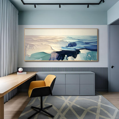 Modern home office with a yellow chair and grey cabinets, featuring a large horizontal abstract painting on a light blue wall.