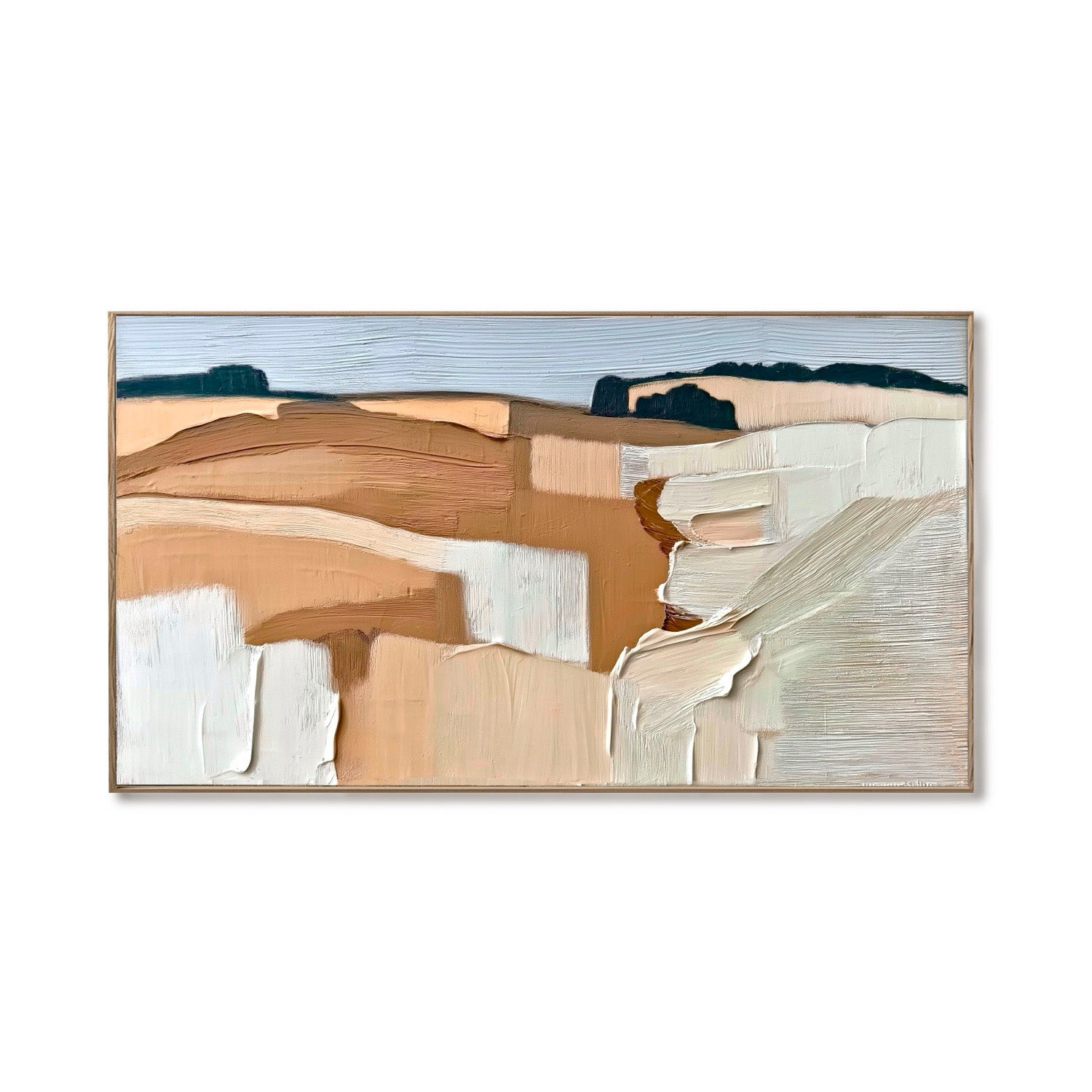 Original hand-painted abstract landscape art: extreme texture in warm terracotta, white, and cool blue tones creates vast canyon forms.