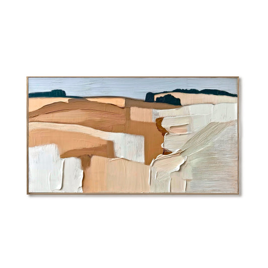 Original hand-painted abstract landscape art: extreme texture in warm terracotta, white, and cool blue tones creates vast canyon forms.