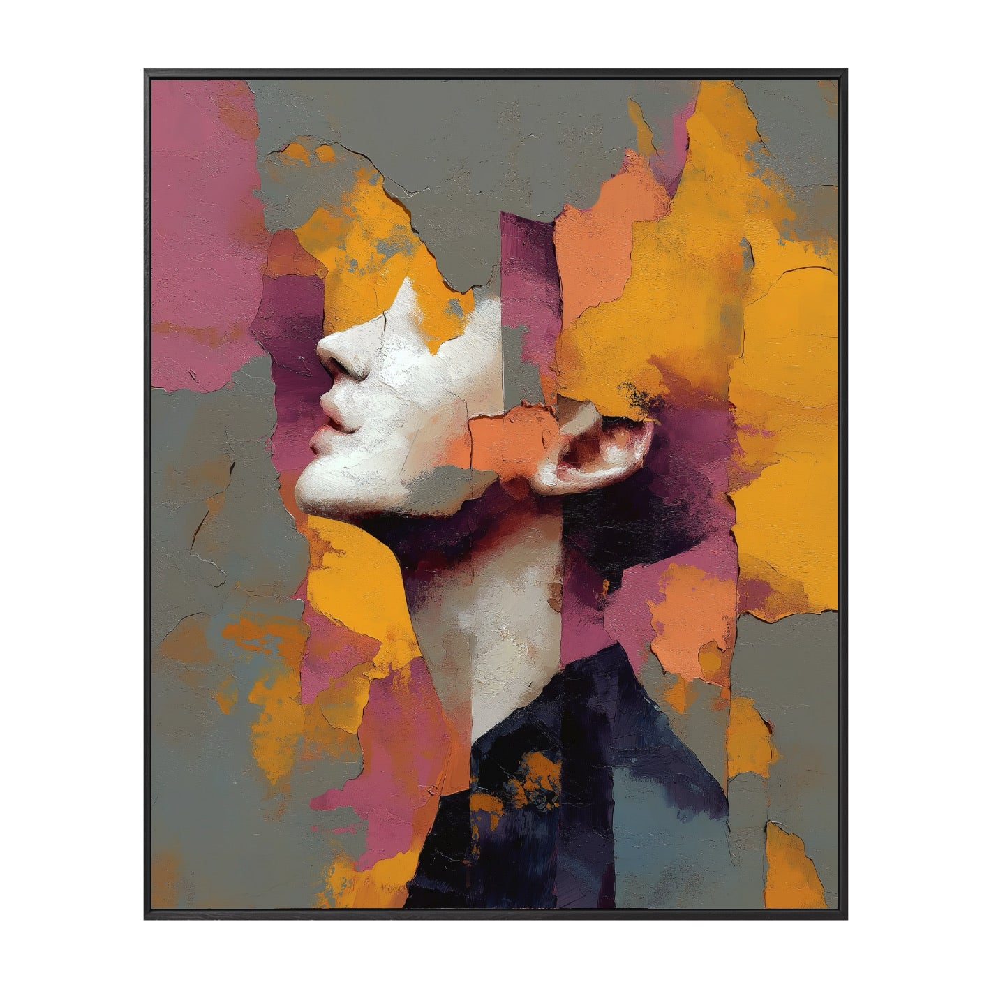 Hand-painted original female portrait. Textured pink, purple, sunset orange, grey abstract expressionism oil modern wall art.