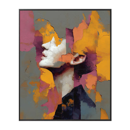 Hand-painted original female portrait. Textured pink, purple, sunset orange, grey abstract expressionism oil modern wall art.