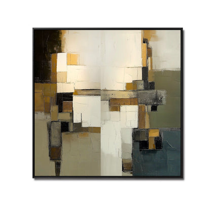 An elegant abstract hand-drawn oil painting: a square geometric landscape in rustic strokes, cold, and green tones.