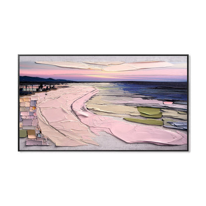Original hand-painted acrylic beach landscape. Warm/cool sunset contrast, extreme texture impasto, sweeping movement, vibrant coastal vibe.