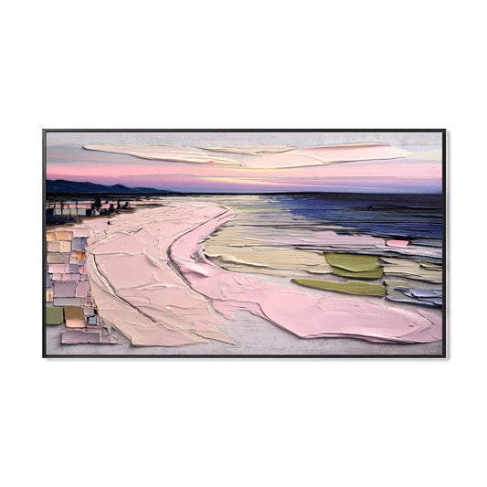 Original hand-painted acrylic beach landscape. Warm/cool sunset contrast, extreme texture impasto, sweeping movement, vibrant coastal vibe.