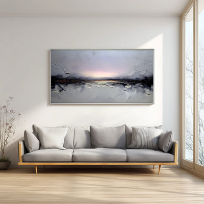 A room pic shows a minimalist elegant deco painting, creating sophisticated, calm, romantic, and futuristic vibes.			