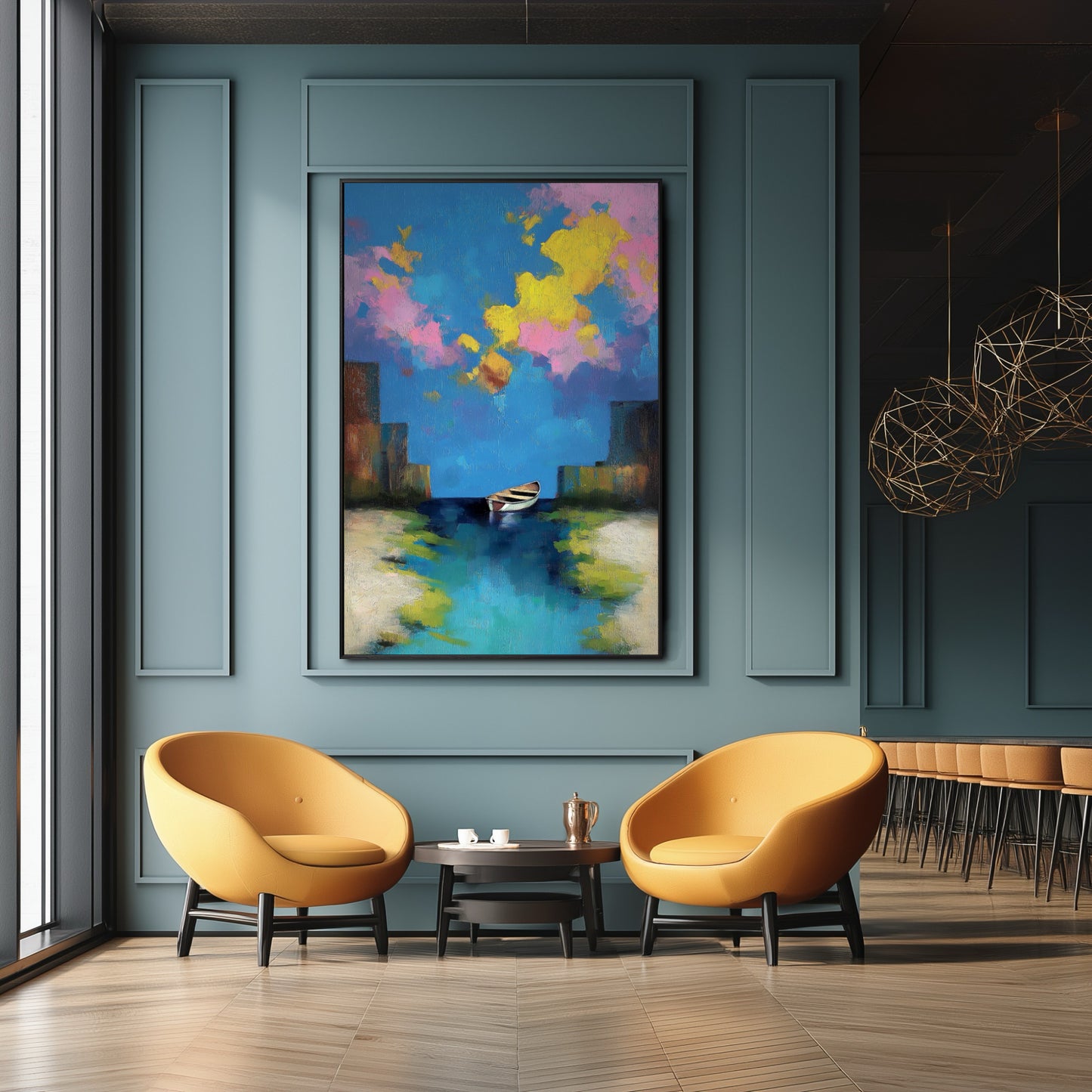 Vibrant original abstract boat painting in a modern, deep teal luxury lounge, contrasting against mustard-yellow mid-century chairs.