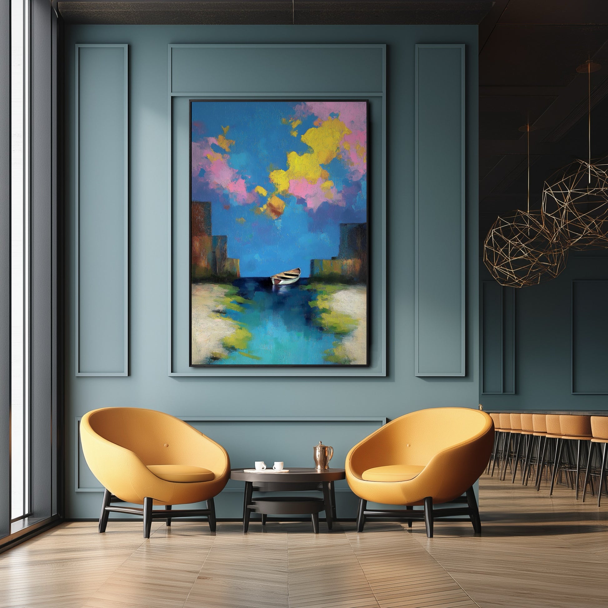 Vibrant original abstract boat painting in a modern, deep teal luxury lounge, contrasting against mustard-yellow mid-century chairs.