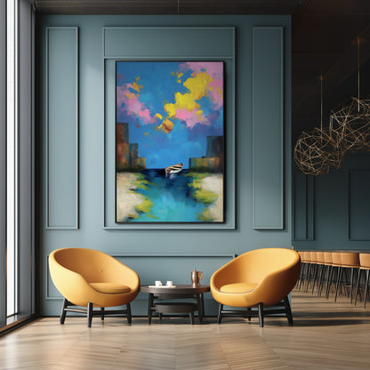 Vibrant original abstract boat painting in a modern, deep teal luxury lounge, contrasting against mustard-yellow mid-century chairs.
