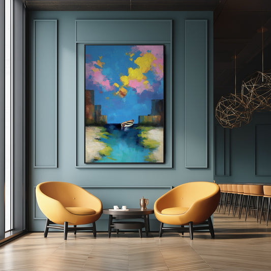 Vibrant original abstract boat painting in a modern, deep teal luxury lounge, contrasting against mustard-yellow mid-century chairs.