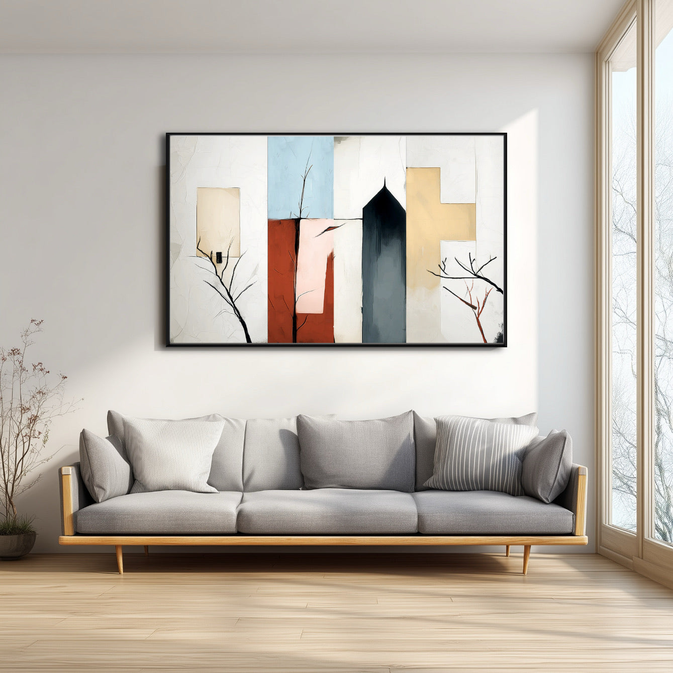 Colorful abstract canvas grounds a bright, minimalist living room with a light gray sofa and large window, perfectly balancing the neutral space.