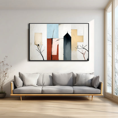 Colorful abstract canvas grounds a bright, minimalist living room with a light gray sofa and large window, perfectly balancing the neutral space.